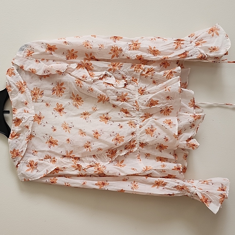 Free People Rust Cream Ruffled Wrap Blouse Boho Womens Large - Picture 7 of 9